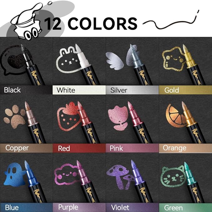 TRANSON 12Colors Metallic Paint Markers Brush and Fine Dual-tip for Rock Wood Ceramic Canvas DIY Painting Drawing