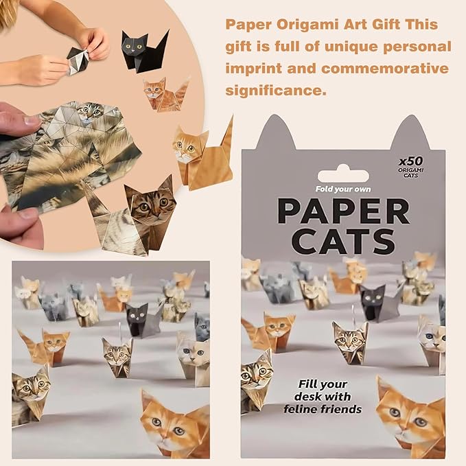 3D Origami Paper Cat Kit-50 Pre-Cut Sheets with Easy Fold Lines for DIY Desk Decor | Creative Crafts,Unique Stocking Stuffers&Fun Gift for Cat Lovers