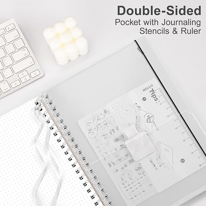 RETTACY Dotted Journal Notebook, 300 Pages, A4 Large Size (8.2'' × 11.2''), 100 GSM Thick Paper, Flexible Plastic Cover, Spiral-bound, for Journaling, Planning, Tracking (Transparent)