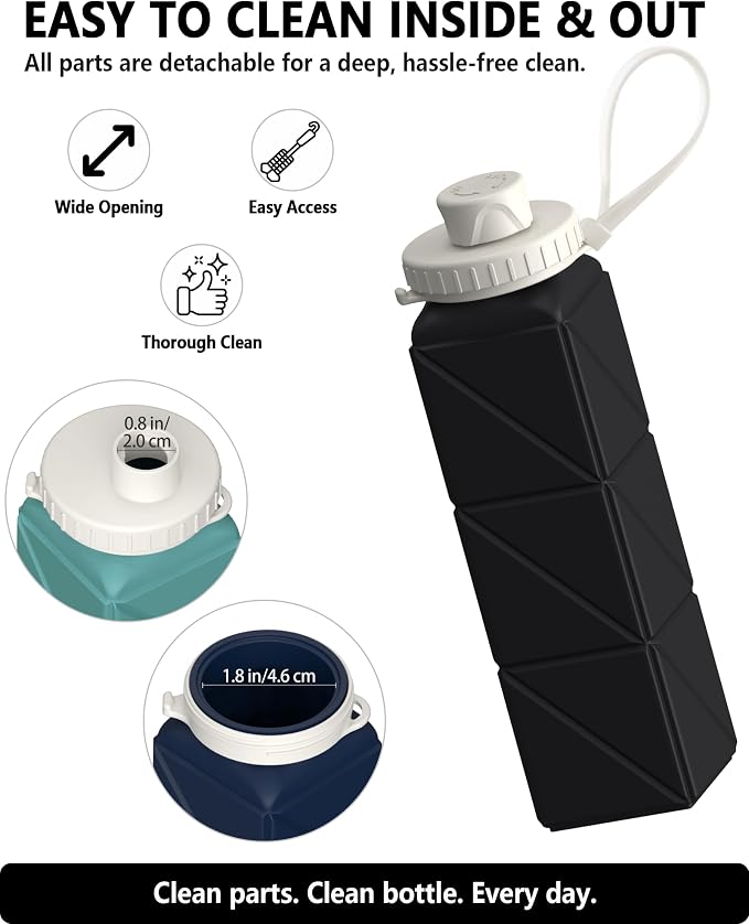 BEAUTAIL Collapsible Water Bottles 21oz/610mL, Silicone Travel Water Bottle | BPA Free, Leakproof & Reusable, Foldable Water Bottle for Traveling, Hiking, Gym, School, Sports, Outdoor, 1-Pack, Black