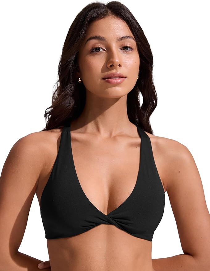 CRZ YOGA Twist Front Bikini Tops for Women - Padded V Neck Criss Cross Back Triangle Sexy Swim Bathing Suit