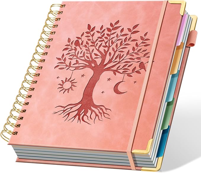 Ovesmusl Hardcover Spiral Notebook 8" x 10" with 5 Removable Dividers 300 Pages Leather 5 Subject Notebook College Ruled 100GSM Large Spiral Notebooks for Work Thick Lined Journal for Women, Pink