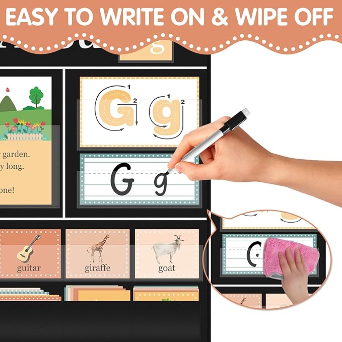 All About Letters Pocket Chart with ABC Flash Cards, 34" X 27", Letter of The Day/Week Daypocket Chart, Letter Tracing Learning Educational Wall Chart Preschool Classroom Homes, Black