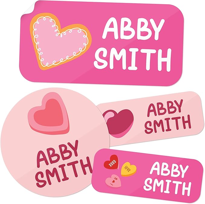 Personalized Daycare Name Labels for Kids, (130 Pack) Waterproof Custom Name Stickers for Clothing Tags, Lunch Boxes and School Supplies, Made in USA by MSC -Hearts