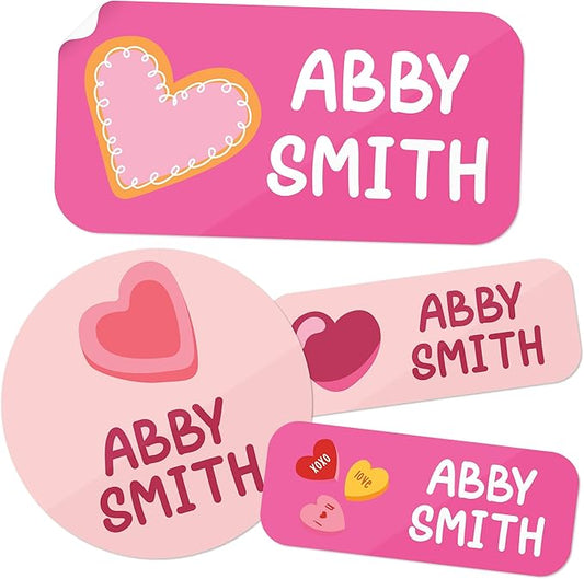 Personalized Daycare Name Labels for Kids, (130 Pack) Waterproof Custom Name Stickers for Clothing Tags, Lunch Boxes and School Supplies, Made in USA by MSC -Hearts