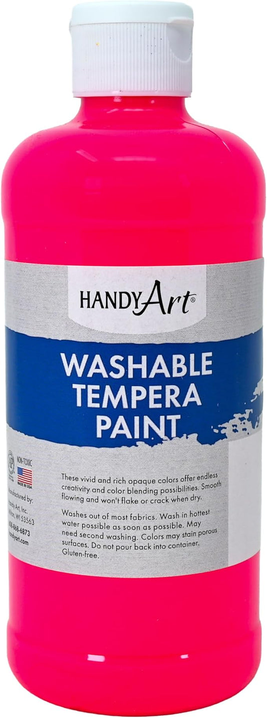 Handy Art Washable Tempera Paint, Fluorescent Pink, 16 oz Bottle, Bright & Mixable, High Opacity, Glows UV Neon with Blacklight, Students, Kids, Young Artists, Safe & Non-Toxic, Made in USA