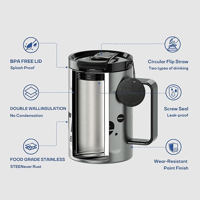 18 oz Stainless Steel Insulated Coffee Mug with Handle and Lid, Double Wall Vacuum Travel Mug, Tumbler Cup with Sliding Lid, Resuable Insulated Coffee Tumbler, Silver