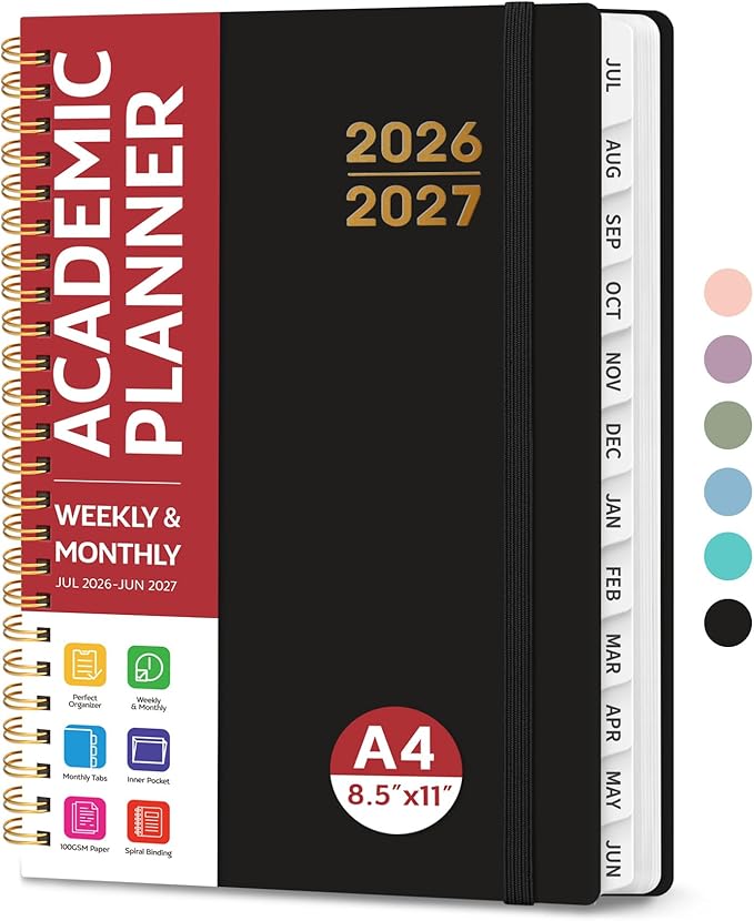 Planner 2026-2027 for Women & Men, Academic Monthly and Weekly Calendar Planner, Jul 2026 - Jun 2027, A4 (8.5" x 11"), Teacher Student Planning Book with Tabs, Ideal for Office School Supplies - Black