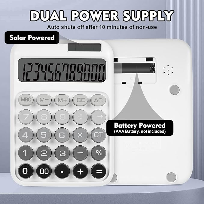 Mechanical Switch Calculator with Big Buttons, Calculators Desktop, 12 Digits, Solar Battery Power, Desk Calculator, Large LCD Display,Cute White Calculators for Teachers Students Basic Office