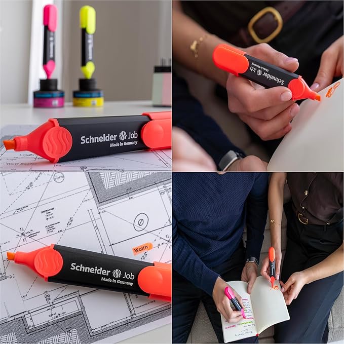 Schneider Job Highlighter, Chisel Tip, 1 + 5 mm, Black Barrel, Coral Ink, Box of 10 Highlighters (1502)