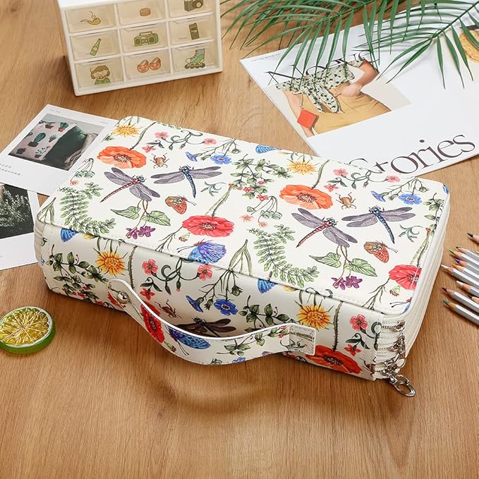 Portable Colored case Organizer 103 Larger individual slots hold 300 pcs Pencils with Printing Pattern for Watercolor Pens or Markers, Pencil Case Organizer for Artist