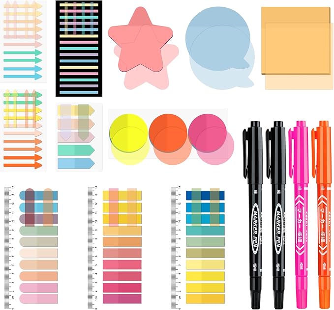 BAYTORY 1700 Sheets Transparent Sticky Notes, 4Pcs Double Maker Pens, See Through Clear Index Tabs, Self-Adhesive Translucent Memo Pads for Bible Accessories (Light Colors)