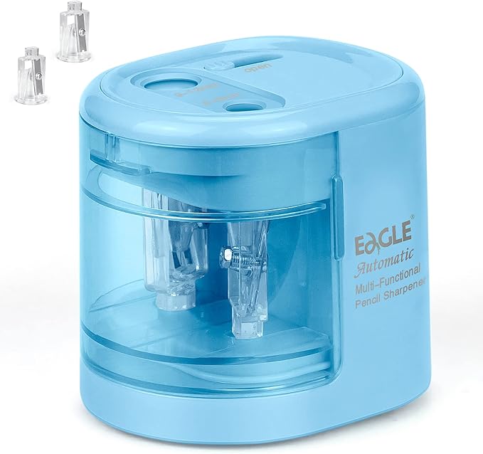 Eagle Electric Pencil Sharpener, Battery or USB Operated, Dual Holes, Dual Blades, fit for Pencils of Size 6-8mm and 9-12mm (Blue)