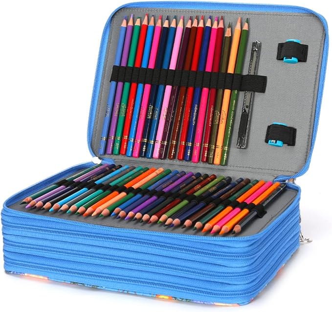 Vomgomfom 200 Slots Pencil Bag, 4-Layer Zipper Portable Art Supply Organizer, PU Leather Large Capacity Colored Pencil Case with Handle for 200 Watercolor Pens, Gel Pens (Blue Flower)