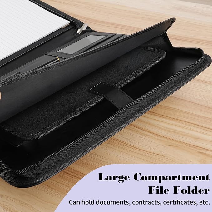 Leather Padfolio Portfolio Binder Organizer, with 25 Pages Notepad & 13" Tablet Sleeve, Professional Conference Meeting Business Zipper Folder for Letter Size A4 Legal Writing Pad Document Men Women