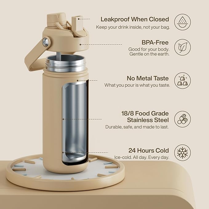 ENCOOL Insulated Water Bottle with Straw Stainless Steel Water Bottle, Leak-Proof, BPA-Free, Double Wall Vacuum Keeps Cold for 24 Hours for Sports, Travel, School (18 oz, Indian Khaki)