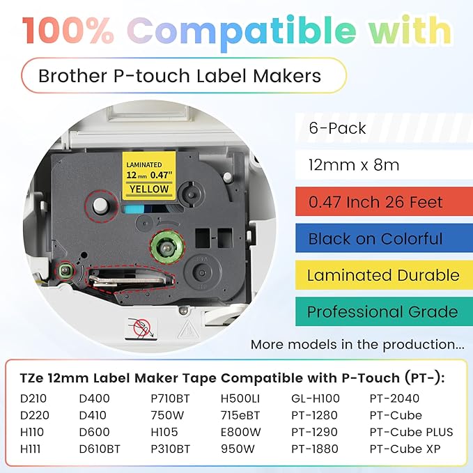 Compatible for Brother P-Touch Label Tape for PTD210 D220 H110 H111 Replace for Brother Label Maker Tape 12mm 0.47 White Laminated & Red/Blue/Green/Yellow/Clear Multi-Color Set for D410 600 610BT,6-PK