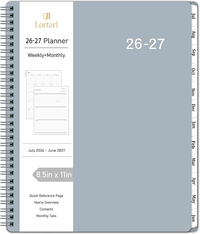 2026-2027 Planner - 2026-2027 Planner Weekly and Monthly from July 2026 to June 2027, Academic Planner with Spiral Bound, Inner Pocket, 8.5'' x 11'', Grey