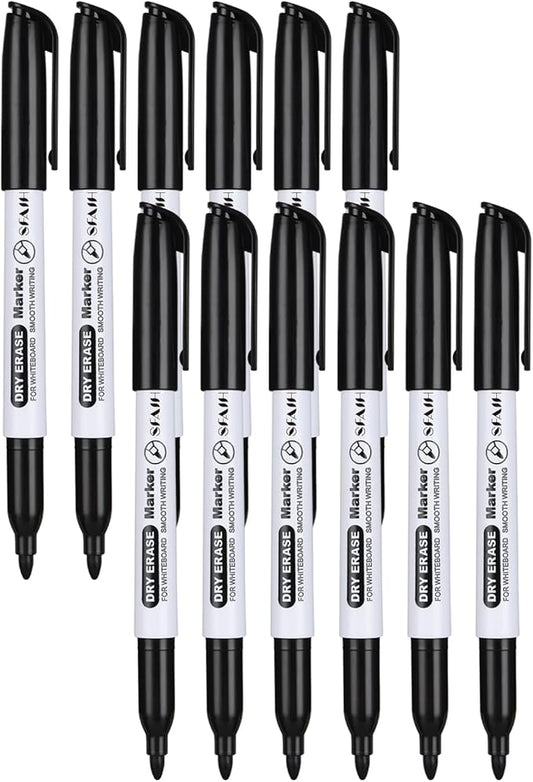 SFAIH Fine Tip Dry Erase Markers - 12 Pack Black Whiteboard Erasable Markers Bulk, Professional Starter Set for Office & Home Office. The Ideal Size for 1-2 Desks or a Small Team, Non-Toxic Easy Clean