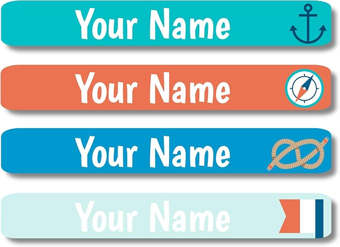 Lovable Labels Personalized Labels for Kids (120 Labels) - Waterproof Dishwasher Safe Peel and Stick Labels are Great for School Supplies Daycare Camp Bottles (Nautical)