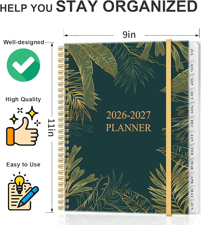 Planner 2026-2027 - Weekly & Monthly Planner from July 2026 to June 2027, Agenda 2026 2027 with Inner Pocket, Elastic Band, 8.5" x 11", Green Gold Leaf