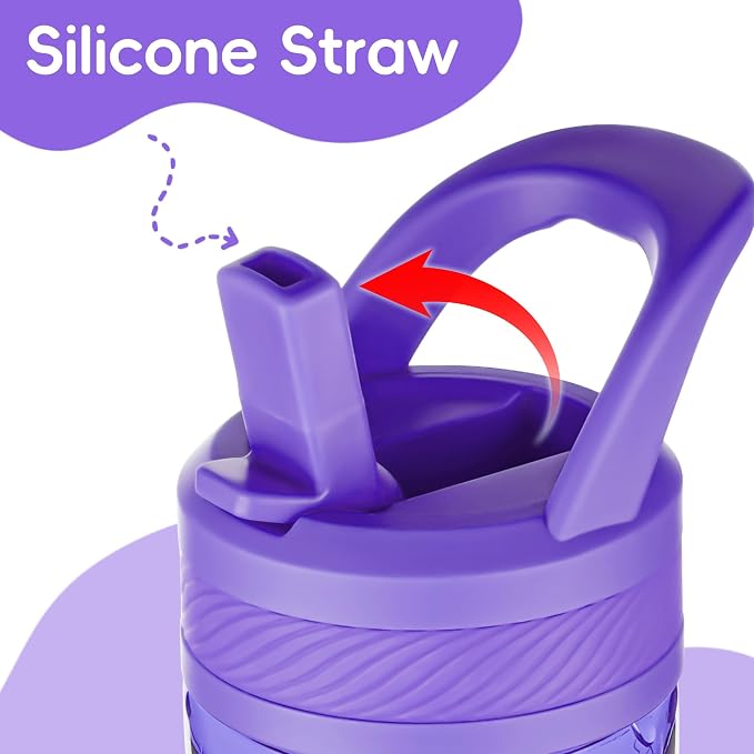 14oz Clear Kids Water Bottle with Straw Lid, BPA-Free Tritan, Measurement Scale, Sturdy Handle Wide Mouth Leak-proof Reusable Plastic Bottle for Boy& Girls, Back to School(Dark Purple)