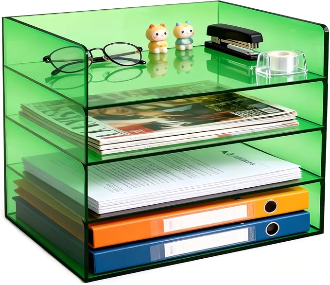 Gelite Acrylic File Organizer for Desk 4 Tiered Stackable Letter Tray Office Paper Storage Desktop Document Sorter, Emerald Green
