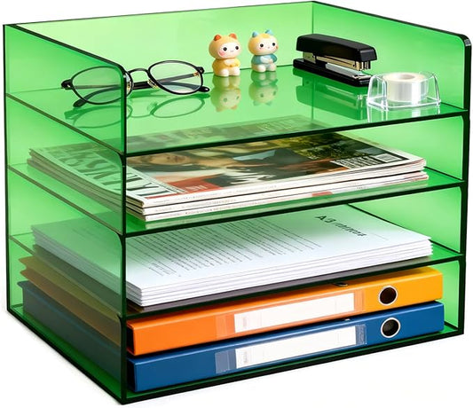 Gelite Acrylic File Organizer for Desk 4 Tiered Stackable Letter Tray Office Paper Storage Desktop Document Sorter, Emerald Green