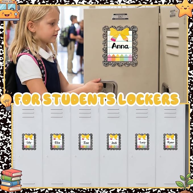 Crtiin 42 Pcs Magnetic Name Tags for Lockers Composition Notebook Bow Dry Erase Labels Magnetic Reusable Name Tags for Back to School Whiteboard Classroom School Bus Locker Fridge