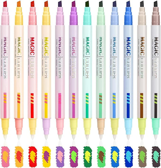 miikoul 12 Colors Dual Tip Highlighters Color Changing Highlighter Markers for Kids, Chisel and Bullet Tips Quick Dry Highlighter Pens for Bible Study, Adult Coloring, Christmas painting