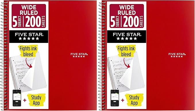 Five Star Spiral Notebook + Study App, 5 Subject, Wide Ruled Paper, Fights Ink Bleed, Water Resistant Cover, 8" x 10-1/2", 200 Sheets, Fire Red (72041) (Pack of 2)
