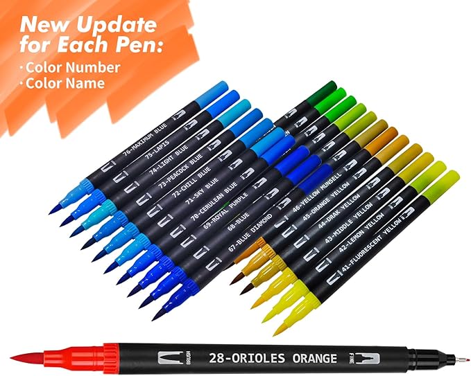 Eglyenlky Colored Markers for Adult Coloring Books, Dual Tip Brush Pens with 100 Watercolor Fine Tip Markers and Brush pens for Kids Drawing Calligraphy