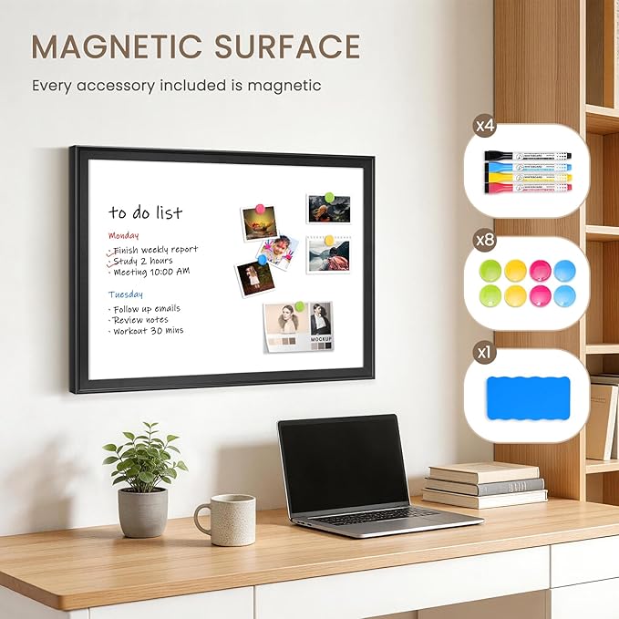 White Board for Wall, 17" x 13" Magnetic Dry Erase Board, Decorative Wooden Frame Whiteboard, Wall Mounted, Aesthetic Writing Board for Home, Office, School - Black