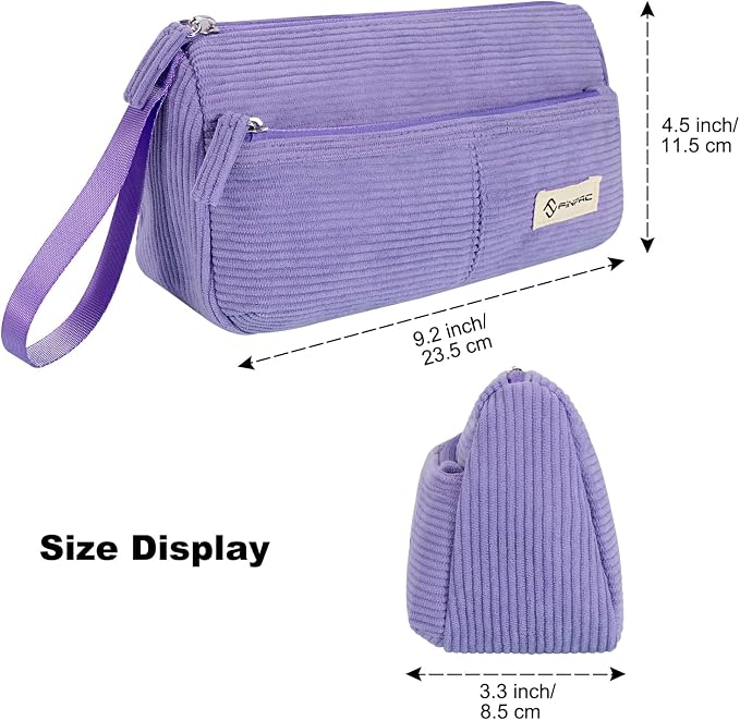 FINPAC Pencil Case, Corduroy Triangle Makeup Bag Kawaii Pen Bag Pouch | Pencil Holder Box Organize for Study, Office, or Travel, Purple