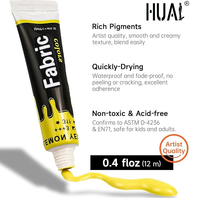 HUAL Fabric Paint Set for Clothes 12 Vibrant Colors Textile Paint with 6 Brushes & Palette Quick-Drying, Non-Toxic Fabric Paint Kit for T-Shirts, Shoes, Canvas, DIY Art & Crafts Premium Gift Box