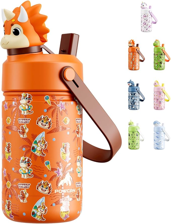 POWCAN 12 oz Kids Water Bottle Insulated: 2-in-1 Straw Spout Lid with Soft Animal Head, BPA-Free, Leakproof, Keep Cold 24H, Backpack Friendly, Stainless Steel Cup for School, Trip, Gift (Sunny Trike)