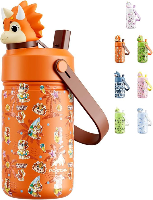 POWCAN 12 oz Kids Water Bottle Insulated: 2-in-1 Straw Spout Lid with Soft Animal Head, BPA-Free, Leakproof, Keep Cold 24H, Backpack Friendly, Stainless Steel Cup for School, Trip, Gift (Sunny Trike)