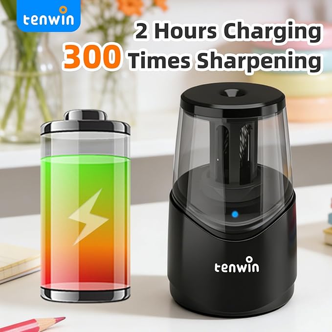 tenwin Rechargeable Pencil Sharpener for No.2 & Colored 6-8mm Pencils, Heavy Duty Electric Pencil Sharpener, Durable Helical Blade for Fast Sharpen, Home/School/Art Studio (Black)