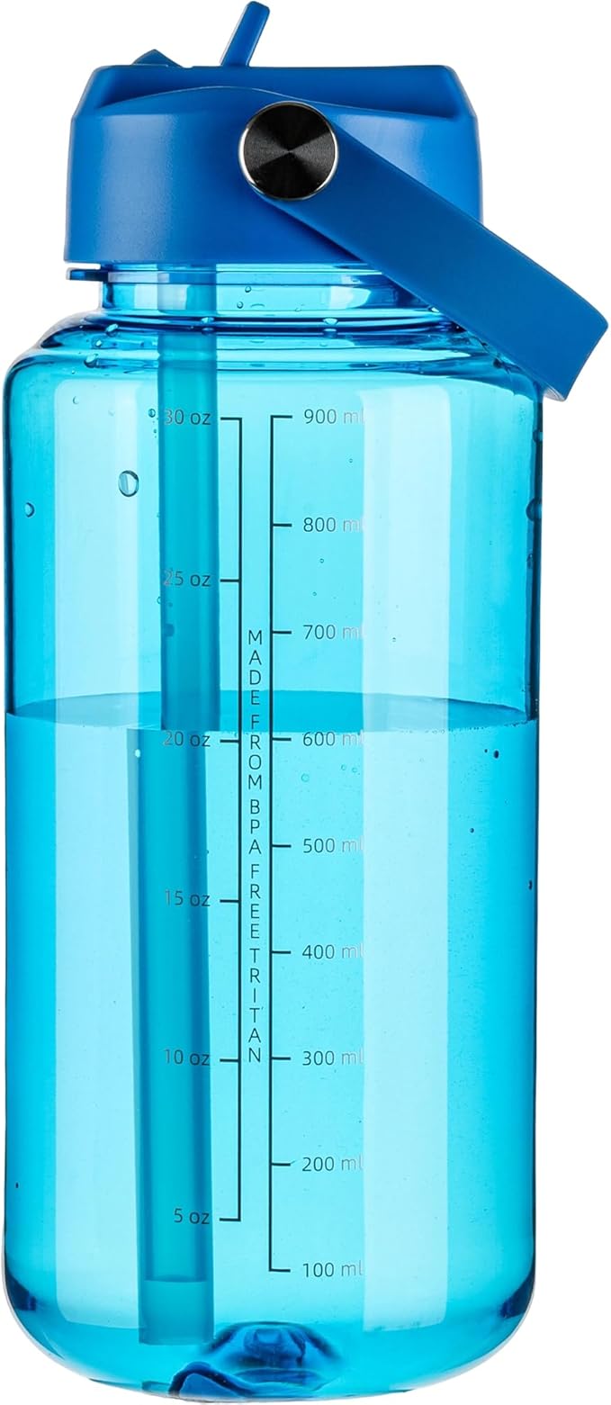 OLDLEY 32 oz Clear Water Bottle with Straw,Tritan BPA-Free, Wide Mouth, Leak Proof - for Gym, Travel, Home, School, Office (Blue)