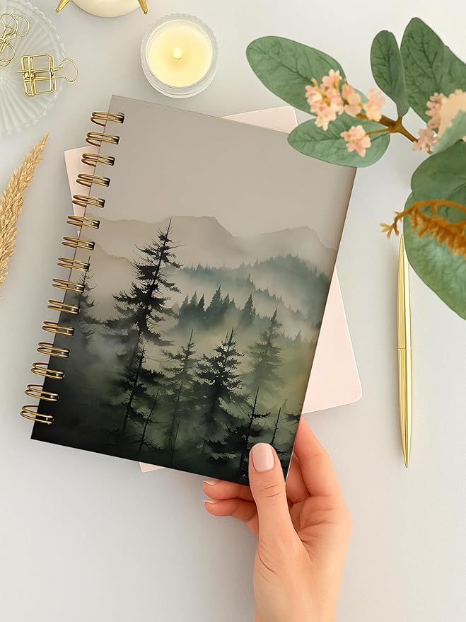 Nature Misty Forest Spiral Notebook, Rustic Pine Tree Journal, Green Forest Landscape Journal for Women, Nature Lovers Gifts for Women Notebook 5.5x8.3 Inch-392