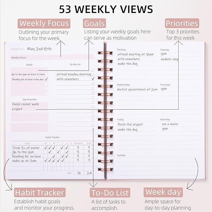 Undated Weekly and Monthly Planner Spiral Bound- Weekly Goals Notebook, To Do List, Habit Tracker Journal, Academic, Aesthetic, Stylish School or Office Supplies (6.1" x 8.4" - Pink)