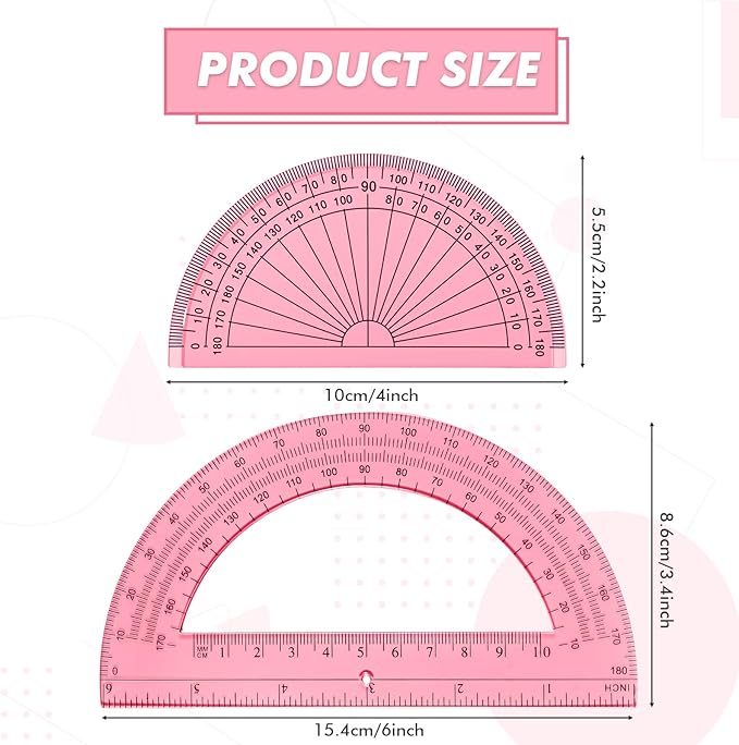 EBOOT 2 Pcs Plastic Protractor Clear 180 Degrees Transparent Protractor for Geometry, 4 Inch and 6 Inch(Light Pink)