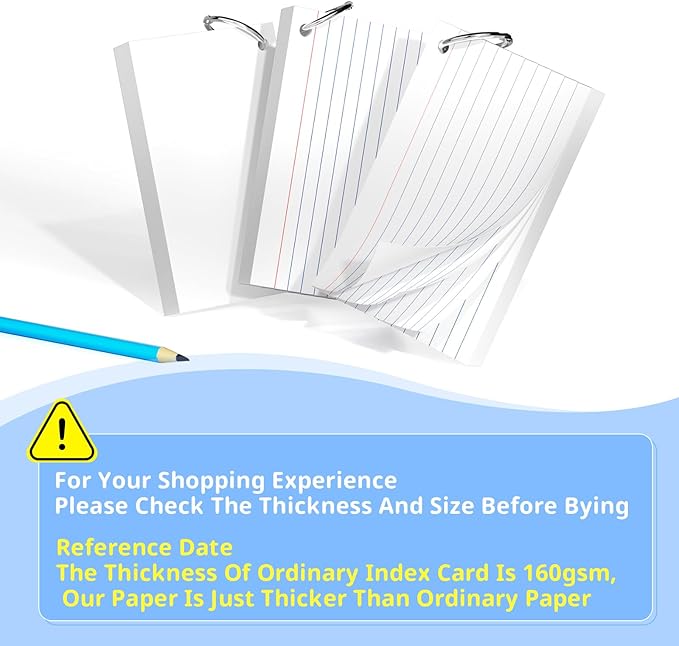 Index Cards 3x5 Inches, 250 PCS, White Flash Cards With Ring, Punched Lined Study Card Ruled Flashcards Notecards, Ruled Front And Blank Back, Note Card for School, College And Home