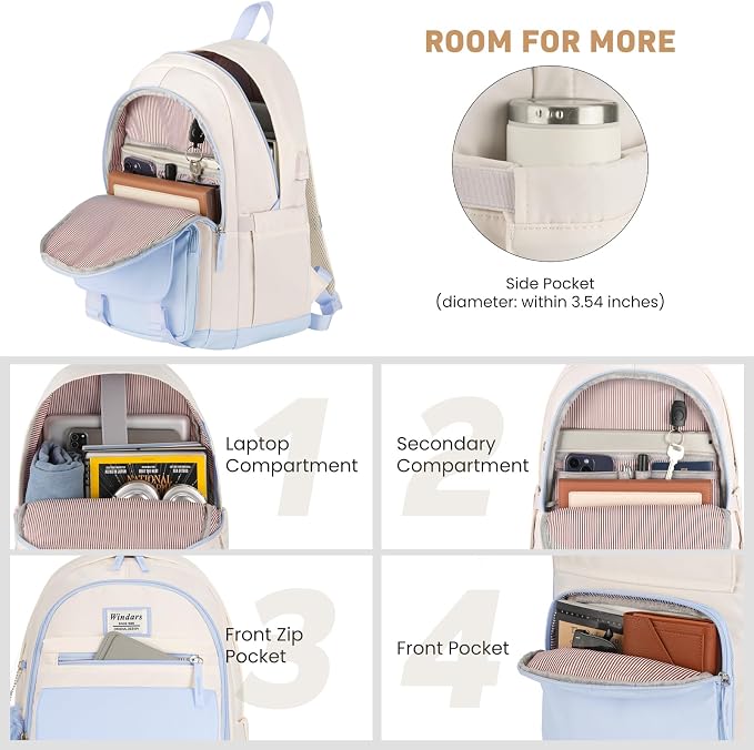 WINDARS School Backpack for Teen Girls, Cute College Backpacks for Women Students Aesthetic Bookbag Large 15.6 Inch Laptop Bag Middle School Travel Back Pack (Blue Beige)