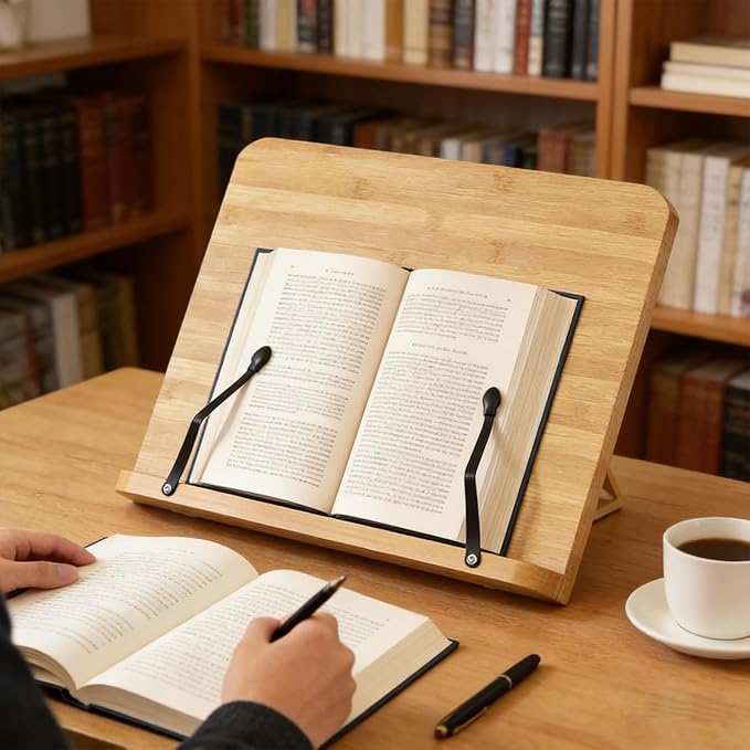 Bamboo Adjustable Book Stand, Large Wood Book Holder for Reading, Cookbook Stand for Kitchen Home Office, Sturdy Book Holder with Easy Installation