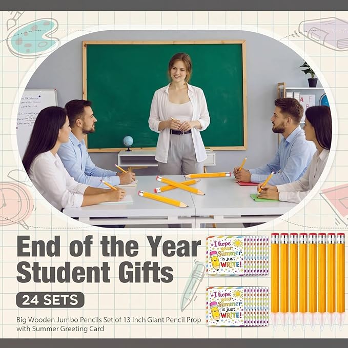 24 Sets End of the Year Student Gifts 13 Inch Big Wooden Jumbo Pencils Set of Giant Pencil Prop with Summer Greeting Card Large Pencils with Cap Preschool Kindergarten Graduation Gift
