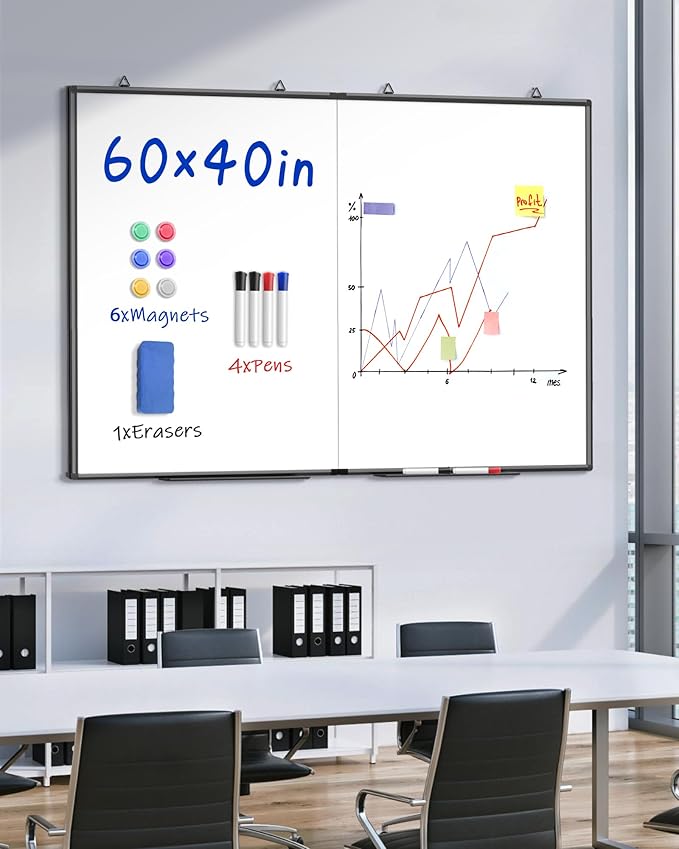 60"X 40" Large Magnetic Dry Erase Whiteboard, Wall Hanging Board with 8 Pens & 4 Dry Erasers & 30 Magnets, Sliver Aluminum Frame Black