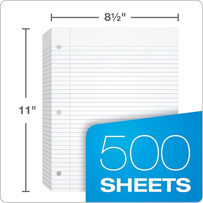 Oxford Loose Leaf Paper,500 Sheets,College Rule Filler Notebook Paper,8-1/2" x 11",3-Hole Punched Fits 3-Ring Binders (62349),(Pack of 10)