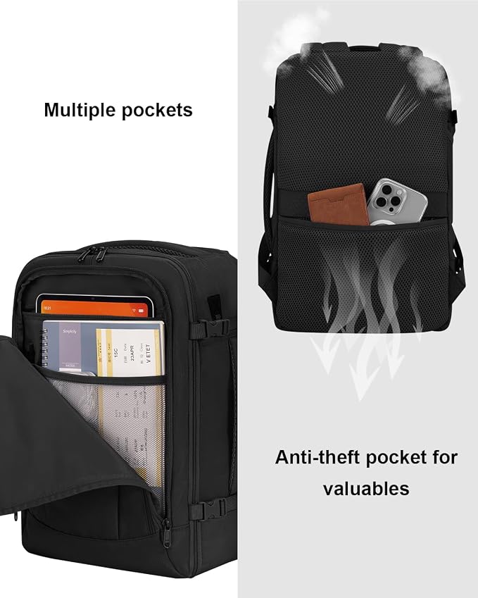 ECOHUB Small Travel Backpack 17" United Airlines Personal Item Bag Black | 16.7"x10"x8" Small Backpack with 13 Pockets Water Resistant Carry on Backpack with USB Port Luggage Sleeve for Women Men