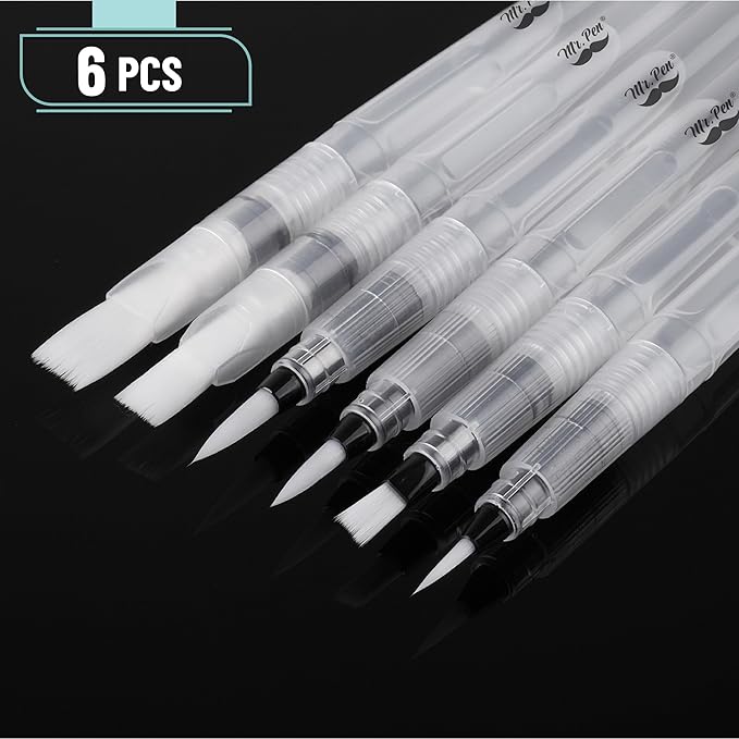 Mr. Pen- Watercolor Brush Pens, 6 pcs, 3 x Point Tips and 3 x Flat Tips Styles, Nylon Bristles, Refillable Watercolor Pens for Acrylic, Gouache, Crayons, Ideal for Artists, Drawing, Sketching